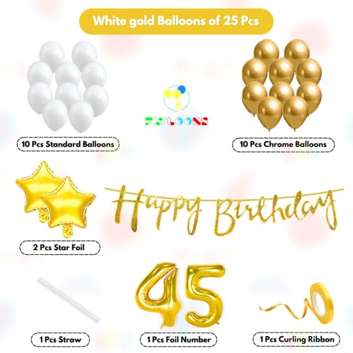 Image of Flyloons 45th Happy Birthday Decoration Kit Gold White for Boys Girls Men Women Adults With 20 Pcs Chrome Balloons Birthday Banner 2 Pcs Star Items Set Golden