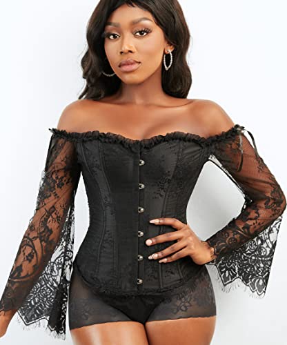 SZIVYSHI Women's Overbust Lace up Back Corset with Shoulder Sleeve and Long Skirt , Black -S(Waist:62cm) steampunk buy now online SZIVYSHI Women's Overbust Lace up Back Corset with Shoulder Sleeve and Long Skirt , Black -S(Waist:62cm) steampunk buy now online