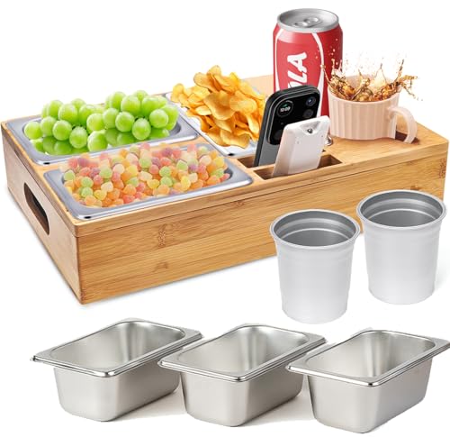 Puosike Couchbar Snackbox, Couch Bar Organizer Tablett, Holz Sofatablett mit Getränkehalter, Snackspender mit 3X Snackschalen, 2X Tasse- Geschenke für Männer Frauen