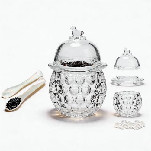GCFTIFF Caviar Serving Set,Chilled bowl Glass Caviar Dish With Lids&Spoons