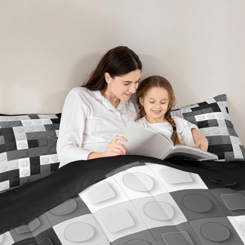 Image of Feelyou Building Blocks Games Toy Comforter Set Queen Size Kids Boys | Teens Brick Breathable Duvet Set Quilt Set Room Decor Black Grey Warm Cozy Lightweight All Season