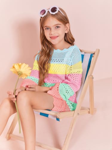 Image of Batermoon Girls Crochet Long Sleeve Swimsuit Cover Up Kids Fashion Hollow Out Swimwear Beach Dress 5-14 Years