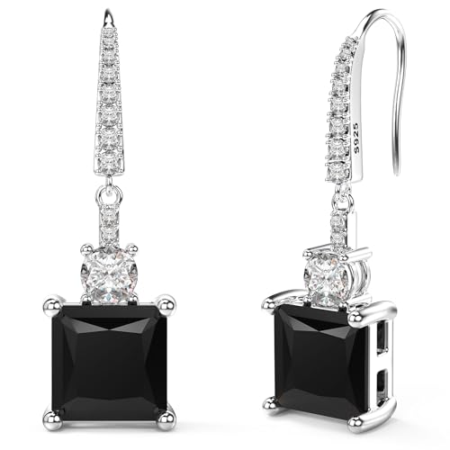 18K White Gold Plated Sterling Silver Square Princess Cut Cubic Zirconia Dangle Earrings for Women CZ Diamond Drop Dangling Earrings for Women Hypoallergenic