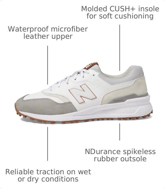 Image of New Balance Men's 997 SL Golf Shoe, 10 D, White /Grey | Waterproof Microfiber Leather Upper, 10mm Drop ABZORB Midsole, NDurance Spikeless Rubber Outsole, Molded CUSH+ Insole