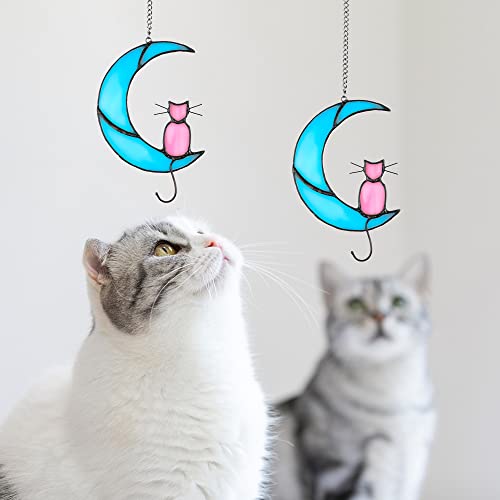 Zedesey Cat Memorial Gifts Stained Glass Window Hanging Ornament Garden Suncatcher Gifts For Cat Lover For Women (Pink Cat On Blue Moon) #TOP7