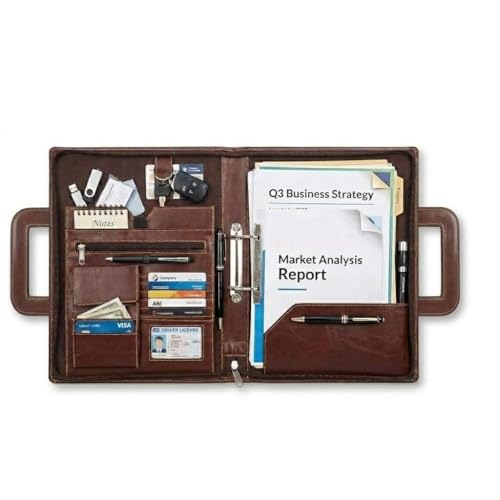 Image of STREPE ZK Brown, Leather File Organizer Bag with Handle, Zipper Portfolio Folder for Documents, Certificates, Cards & Tablet, Office Business Travel Case for Men & Women