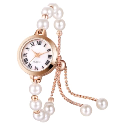 OIDEA Pearl Women's Bracelet Watch: Fashion Elegant Faux Pearl Round Dial Analog Quartz Rose Gold Case Roman Numerals Wrist Watch Casual Dress Ladies Watch Adjustable Wristwatch