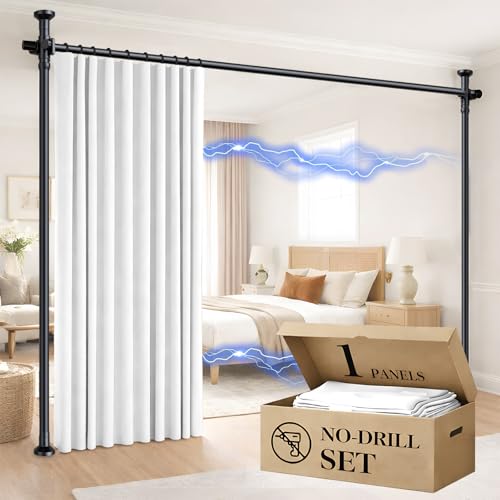 Image of Room Divider Curtain Set-No Drilling Curtain Rod Set, Privacy Curtains for Room Divider, Divider for Room Separation for Apartments White-100 W x 96 inch L(Pack of 1)