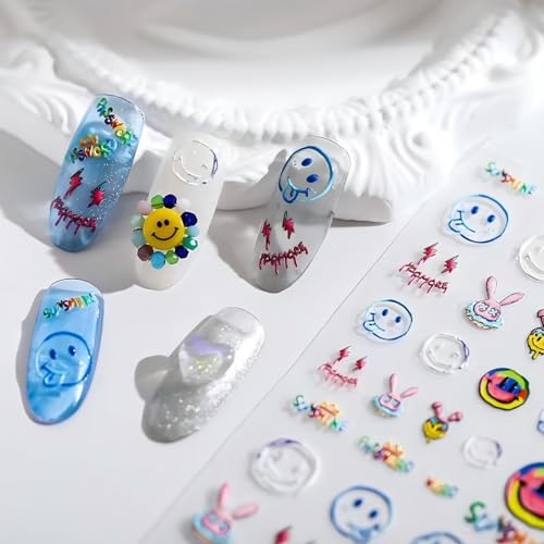 Dedyel Smile Nail Art Stickers 5D Embossed Cute Smile Face Kawaii Self-Adhesive Nail Stickers for Women Girls Kids Nail Art Decoration