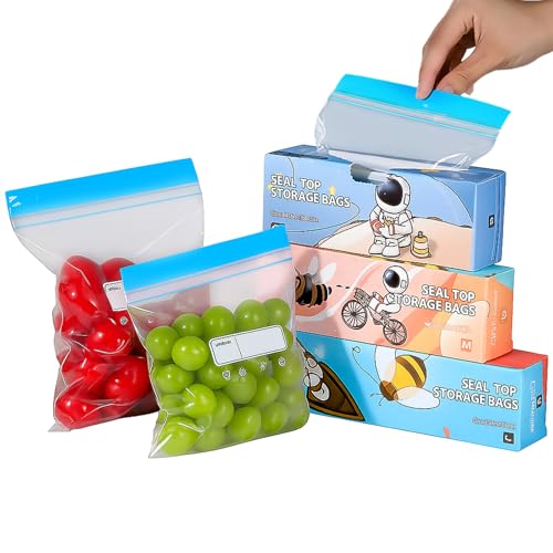 AMSGANK 70 Piezas Bolsas para Congelación, Bolsas Herméticas Reutilizables con Cierre Zip Doble y Etiqueta Preimpresa para Alimentos Almacenamiento, Frutas y Verduras (3 Tamaños)