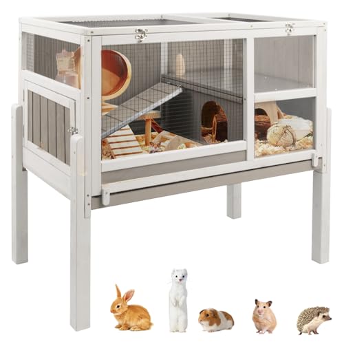 Guinea Pig Cages Indoor, Wooden Guinea Pig Cages with Stand, Rabbit Cage Hutch with Ramp and Hideout, Small Animals Cage Habitat with Not Leakage Pull
