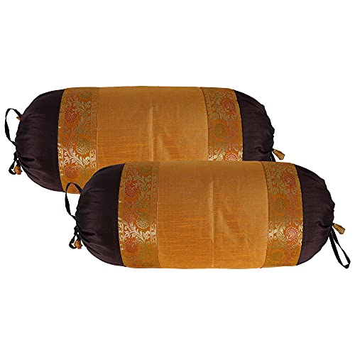 Gulaal Art Indian Ethnic Silk Bolster Yoga Round Pillow Cover Jacquard Brocade Polydupion Cylindrical Black & Mustard Home Décor Living Room Traditional Throw Cushion Cover (Set Of 1| 30X15 Inches #TOP1
