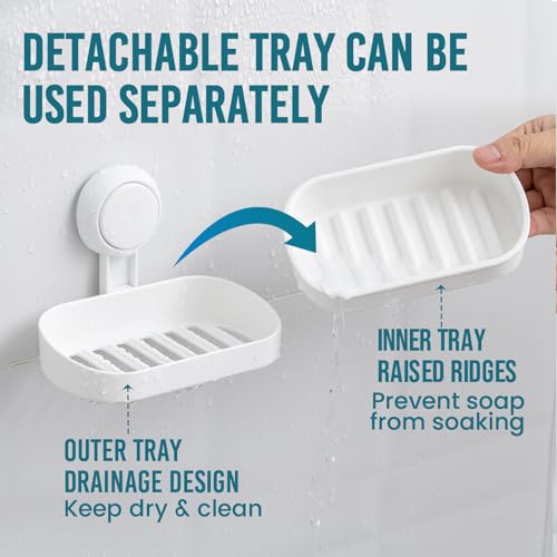 Taili Suction Soap Dish For Shower, Max Hold 3 Kg Shower Soap Holder For Bathroom, Wall Mounted Sponge Tray, Drill-Free, Removable Bathtub Organizer, Waterproof, Plastic Sink Holder Suction Cup, White - 4