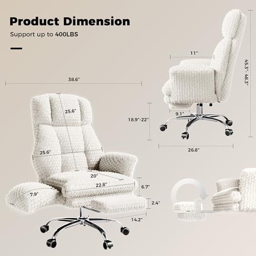 Image of HOMRELEXA Big and Tall Office Chair, Flip Armrests for Pets & Cross Legged Sitting, Executive Ergonomic Computer Gaming Chair with Foot Rest, White Rose Velvet Wide Seat Reclining Desk Chair