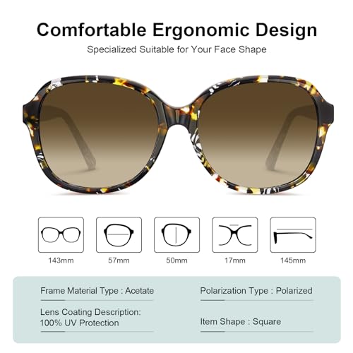 CARFIA Acetate Oversized Square Polarized Sunglasses for Women UV Protection Retro Trendy Big Shades Brown — view 4