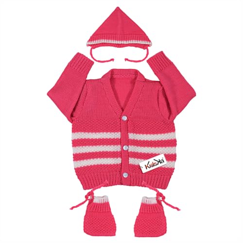 Image of Baby Winter Sweater | Wool Knit Full Sleeve Cardigan for Babies | Soft Warm Winter Clothing for Newborn Boys Girls & Toddlers(Rani, 3 to 6 Months) 3 Pcs Set