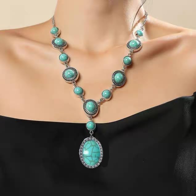 Vintage Oval Turquoise Y-Shaped Pendant Necklace for Women Long Western Bohemian Handmade Beaded Chain Necklaces Boho Trendy Cowgirl Retro Natural Green Gemstone Collar Bib Jewelry Gifts - Image 2