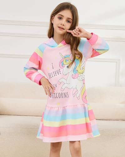 Toddler Girls Sweatshirt Dress: Long Sleeve A-Line Unicorn Hoodie Dresses for Fall Winter Christmas Party 2-7Y3