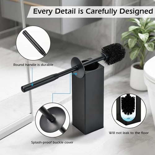 Image of Toilet Bowl Brush and Holder Long Handle Toilet Brush for Bathroom | Wall mount stainless steel toilet brush holder with a splash guard Easy to Clean for Domestic Deep Cleaning Under Rims,Black