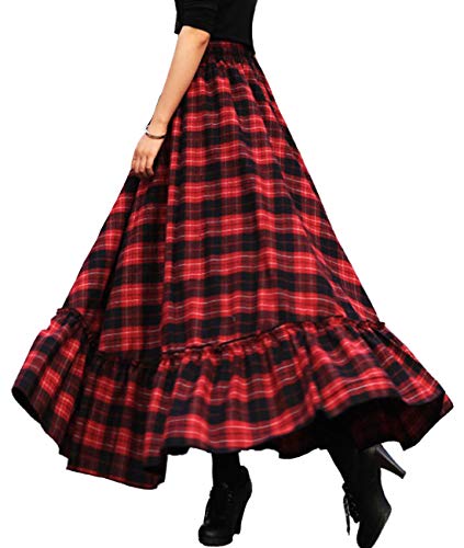 Femiserah Women's High Waist A Line Plaid Wool Skirt Long Maxi Ruffle Swing Skirt (Length 34.65