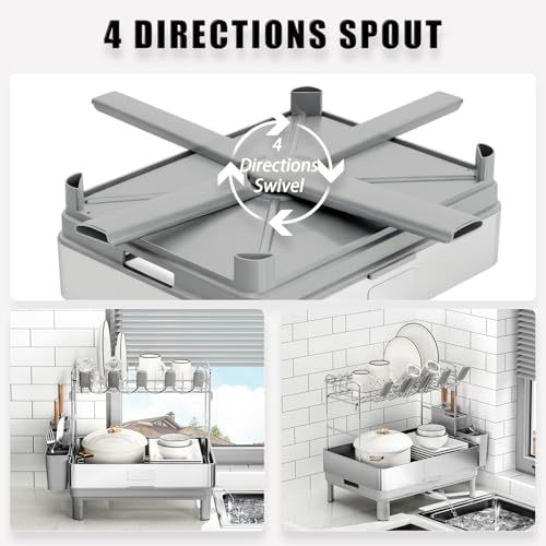 Image of Ewaiira Dish Drying Rack, 2 Tier Large Dish Rack, Stainless Steel Dish Drainer for Kitchen Counter, Dishes Rack with Automatic Drainage, Utensil Holder&Cups Holder,Space Saving Kitchen Organizer,White