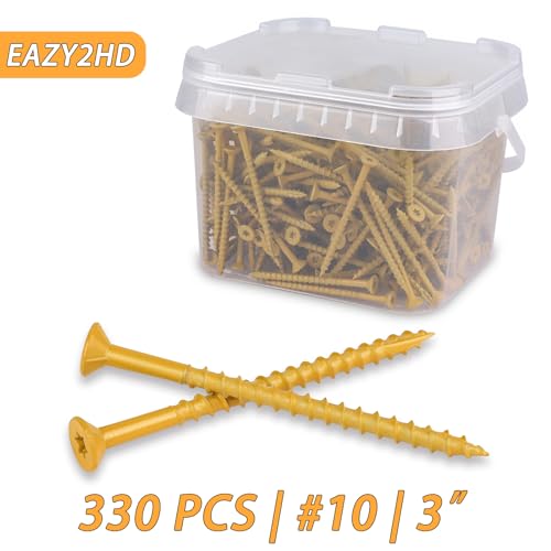 Image of Eazy2hD Deck Screws # 10 x 3 Inch, 330Pcs, Carbon Steel Exterior Wood Screw | Epoxy Coated Rust Resistant, Construction Screw for Fence Framing Drywall, Tan, 5 Lb, Torx /Star Drive Head, T25 Bit Included