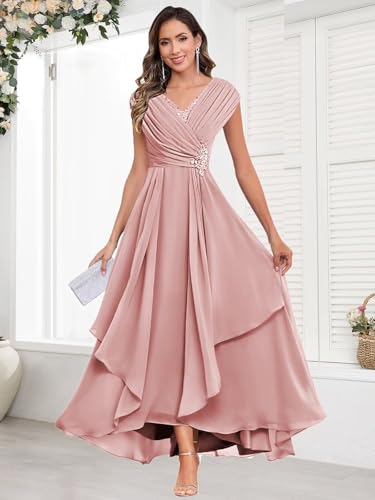 Long Chiffon Mother of The Bride Dresses for Women Tea Length V Neck Pleated Formal Evening Dress2