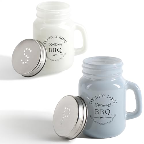 com-four® 3-teiliges Salz- und Pfefferstreuer-Set - Gewürzstreuer in Holzbox - Gewürzglas mit Aufschrift in Bierkrug-Form, Schraubdeckel, Henkel und Aufbewahrungsbehälter (3-teilig - Glas mit Holzbox)