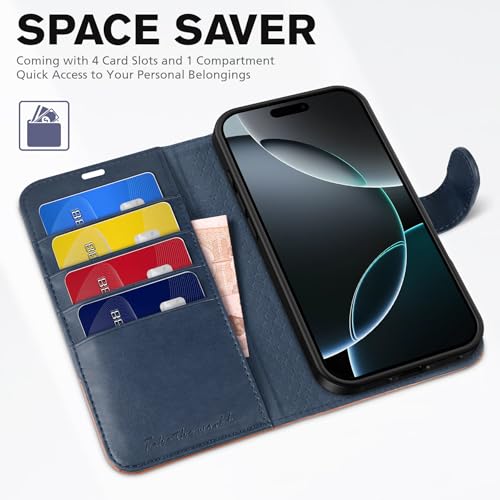 TUCCH Wallet Case for iPhone 16 Pro 5G, [RFID Blocking] 4 Card Slot Holder Stand [Shockproof TPU Interior] PU Leather Magnetic Protective Flip Cover Compatible with iPhone 16 Pro 6.3", Blue & Brown by TUCCH - Image 7