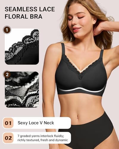 HORISUN Wireless No Underwire Bra for Women V-Neck Lace Trim Jelly Supportive Seamless Bra Comfortable Tshirt Bralette (Black 38A) — view 2