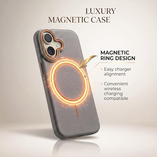 Image of amazon basics Luxury MagSafe Compatible Leather Texture Back Cover for iPhone 16 | Raised Camera Protection | Slim Fit Shockproof Case with Metallic Accents (Gray)