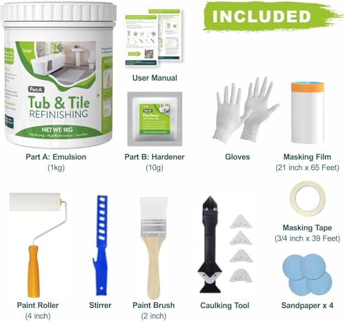 DIY Sink Bathtub Reglaze Kit White, Tub and Tile Refinishing Kit, Tile Paint Kit Bathroom Easy to Use, Low Odor Bathtub Refinishing Paint for Bathroom Porcelain Kitchen Fiberglass 35.5oz