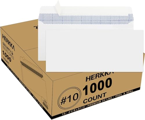 HERKKA #10 Security Self-Seal Envelopes, 1000 Pack, Windowless, 4-1/8 x 9-1/2 in, White