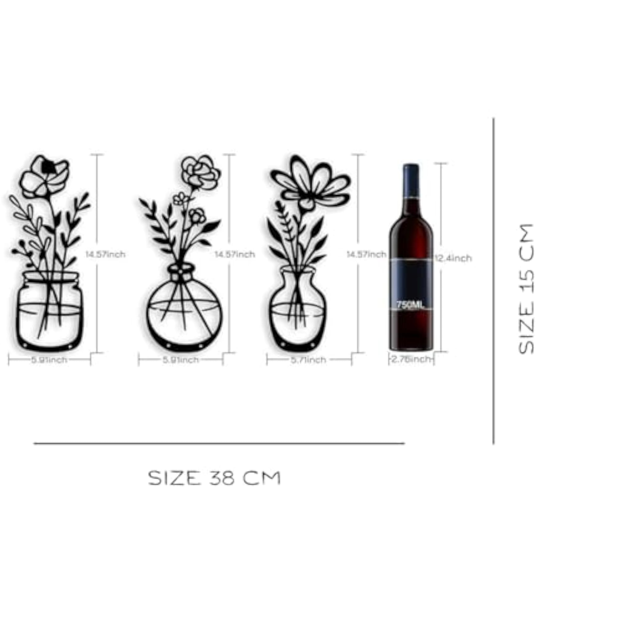 3 Pieces Black Metal Flowers Wall Decor Set