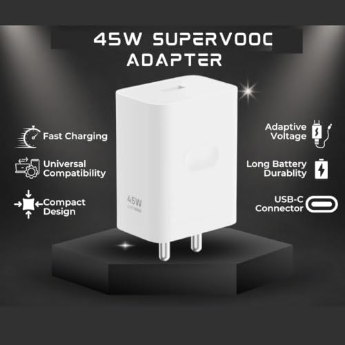 Image of 45W SuperVOOC Fast Charger Adapter with USB to C Cable Compatible with Oppo A78 5G / A79 / A59 / A3 Pro / K12x / F27 / F27 Pro 5G / Reno12 F 5G (45 W Adapter & Cable)