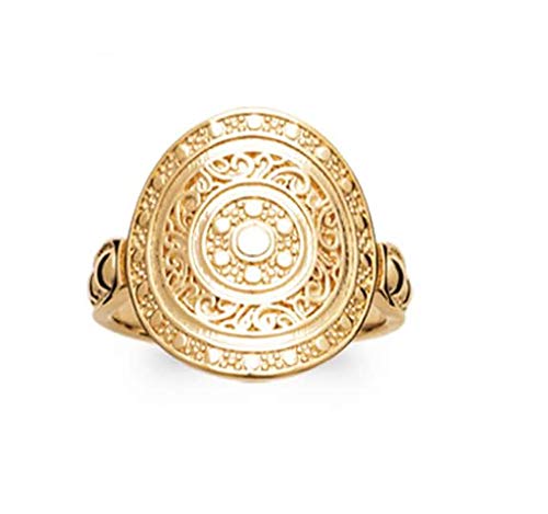 Bague en plaqué or femme avec cabochon rond rosace et arabesque relief baroque