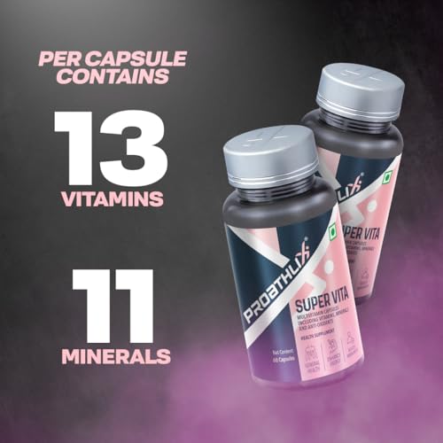 Image of Proathlix Super-Vita Multivitamin Capsules with Vitamin A, Vitamin B1, Vitamin E, Zinc & 60 Capsules, Supports General Health & Boost Immunity