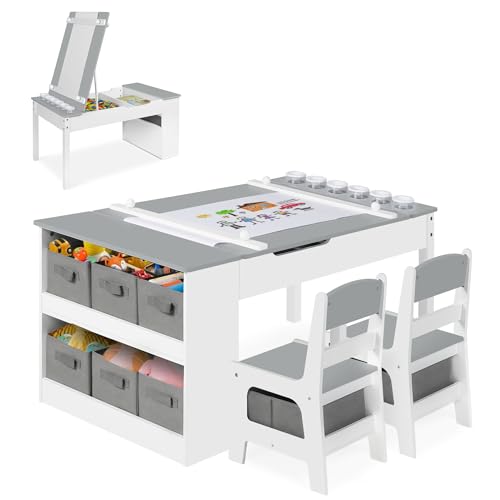 ROCSUMOO Kinder-Kunsttisch-Set mit 2 Stühlen - Holzerner Aktivitätstisch für Kleinkinder mit Verstellbarer Tischplatte Farbpigment-Eimer und 8 Stoff-Aufbewahrungsboxen (Grau Weiß)