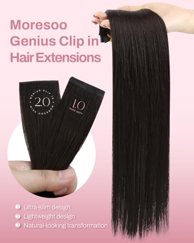 Image of Moresoo Clip in Hair Extensions, 24inch Seamless Genius Weft, Natural Blend | Hair extensions clip ins, dark brown, 150g 7pcs, for fashion and photo shoots, high natural density brunette, full salon look