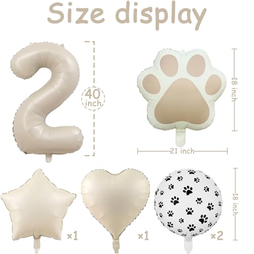 Image of 2nd Birthday Dog Paw Balloons Set,18'' Paw Prints, Heart,Star,Paw Shaped Foil Balloon 40''Cream Number 2 Helium balloons for Puppy Themed Baby Shower Second Birthday Party Decorations Supplies 6PCS