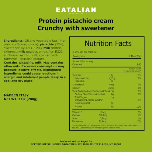 Image of EATALIAN by AMZ BETTER Spreadable Crunchy Pistachio Protein Cream 7 oz /200 gr, Pistachio Cream with Grains, Protein Paste, Sweet Taste, Ideal on Bread and Excellent for Dubai Chocolate, Made in Italy