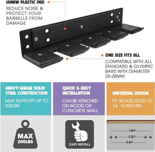 Yes4All Vertical Wall Mounted Olympic Barbell Holder, Barbell Storage Rack, Hanging Barbell Rack for Home Fitness Equipment - 4 bars - Thumbnail 3