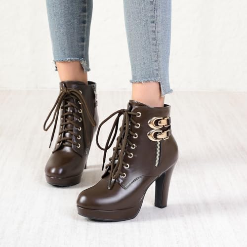 Image of Susanny High Heel Boots for Women,Womens Platform Boot Heels Sexy Round Toe Lace UP High Heels Mid Calf Boots