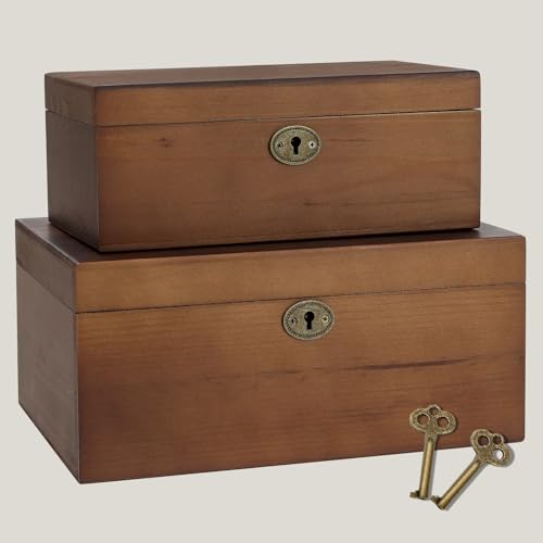 SUJUN Wooden Keepsake Box with Hinged Lid, 2 Pack Vintage Lockable Storage Chest for Jewelry Letters & Memories, Decorative Wood Boxes with Antique Brass Lock, Walnut Finish Home Décor Gift