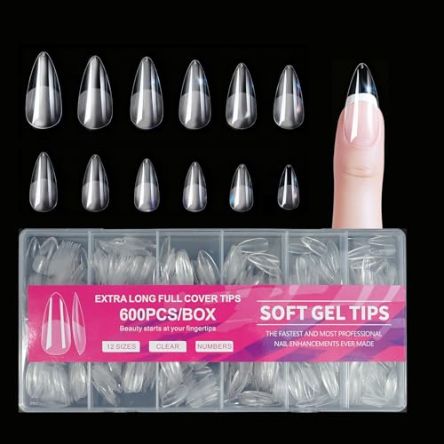 600-PCS Half Matte Short Almond Gel Nail Tips, Clear Press on Acrylic Fake Nails, Pre-Building Strong Thick Long Lasting - 12 Sizes for All Nail Shapes​ Suitable for Beginners