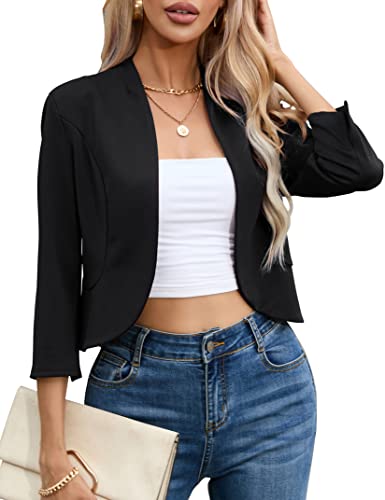 KOJOOIN Womens Cropped Blazer Casual Business 3/4 Sleeve Collarless Open Front Cardigan Work Jacket Shrug