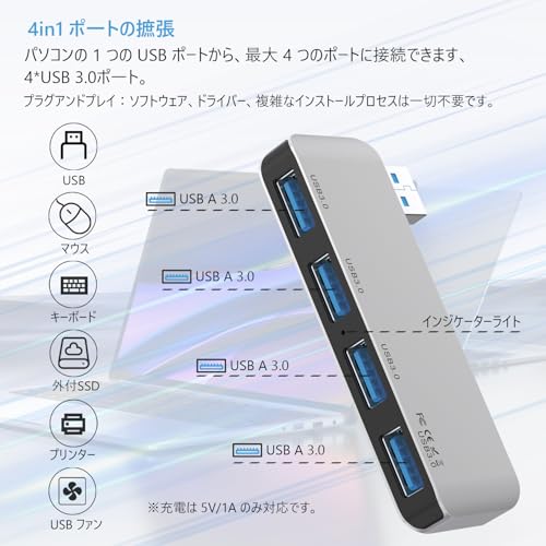 USB3.0 ハブ 4ポート ウルトラスリム USB ハブ 5Gbps高速転送 軽量ハブ 4in1 MacBook/iMac/ノートパソコンに対応 ノートPC適用 Mac OS/Windows/Chromebook/Linux対応 USBハブ テレワーク リモート 在宅勤 務旅行に最適です