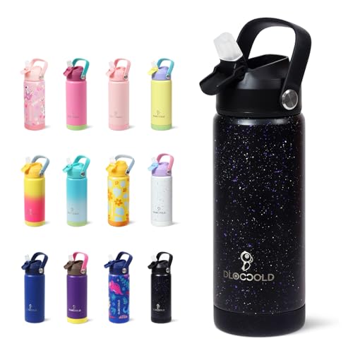 DLOCCOLD Kids Insulated Water Bottle with Leak Proof Straw Lid, Double Wall Vacuum Stainless Steel Water Bottle with Silicone Boot, Reusable Tumbler for Travel, Boys, Girls