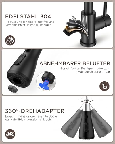 FORIOUS Wasserhahn Küche, Küchenarmatur mit Herausziehbarer Brause Ausziehbar Armatur, Mischbatterie Spültischarmatur, 360° Schwenkbar, Mehrere Strahlarten, Matt Schwarz, Niederdruck