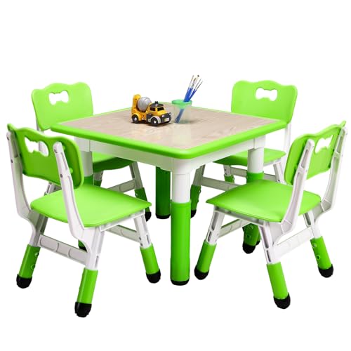 Kids Table and Chairs Set, Height Adjustable Desk with 4 Seats for Ages 2-10,Arts & Crafts Table,Graffiti Desktop, Non-Slip Legs, Max 300lbs, Children Multi-Activity Table for Classrooms,Daycares,Home